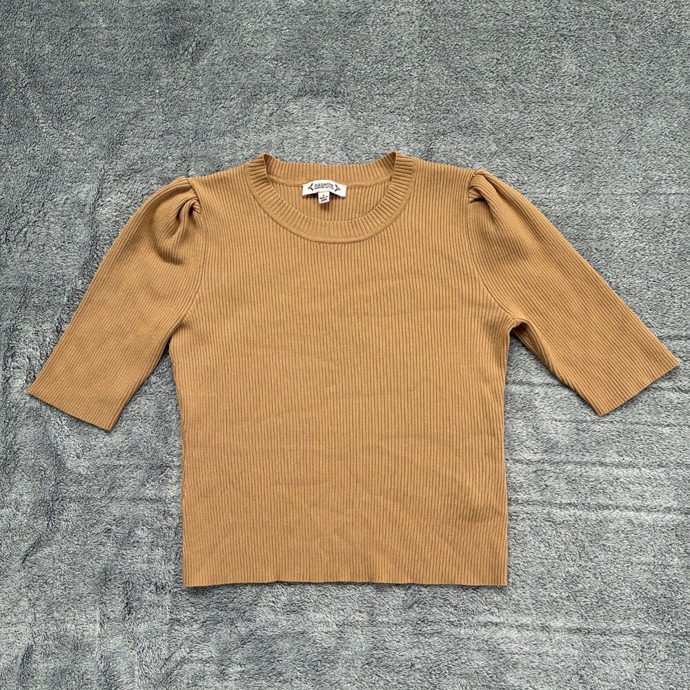 Nanette Lepore Short Puff Sleeve Ribbed Fitted Tan Sweater Size Small